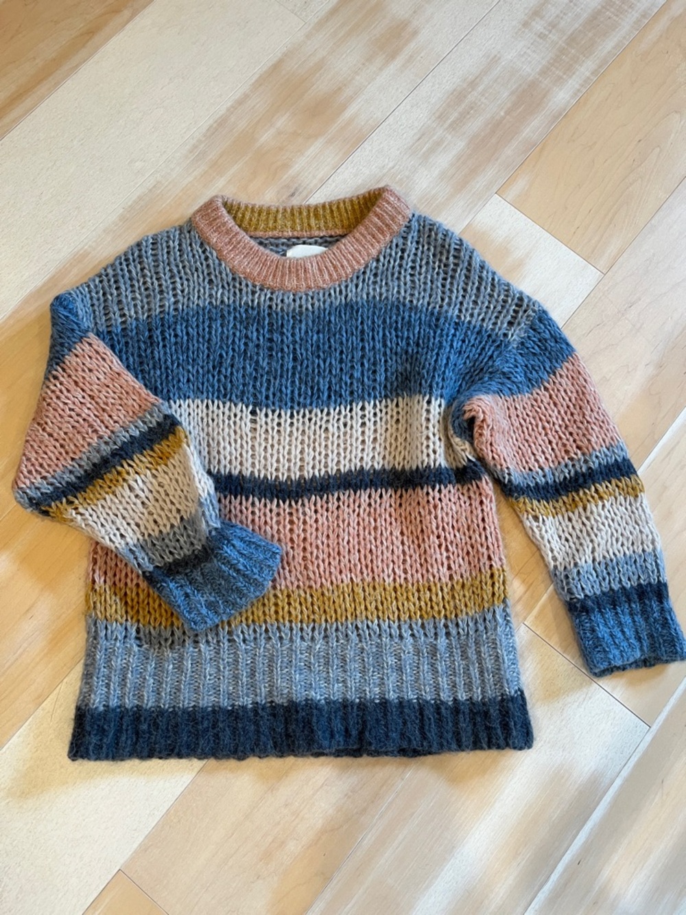 Striped Knit Crewneck Sweater in Blue, Pink, Cream & Mustard